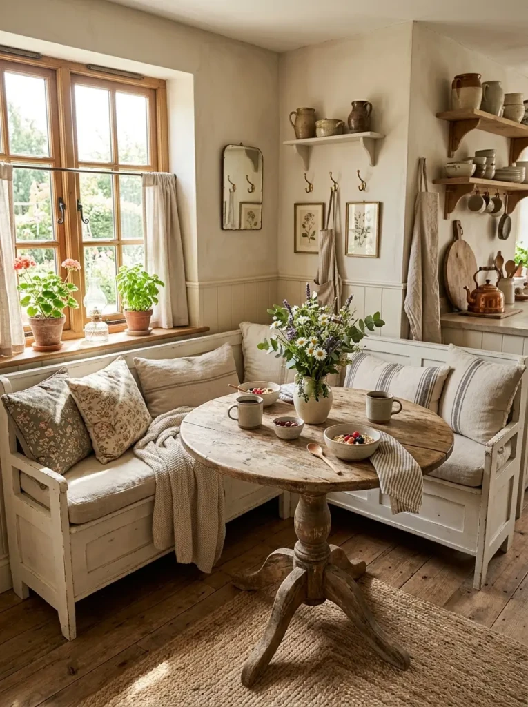 Small farmhouse kitchen table in a cozy breakfast nook with bench seating and rustic wood finish.