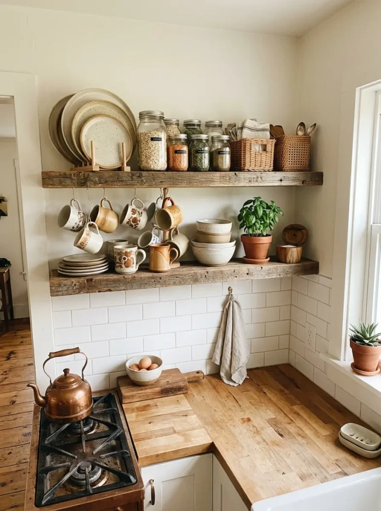 Rustic farmhouse kitchen with reclaimed wood open shelves displaying dishes, jars, and woven baskets.