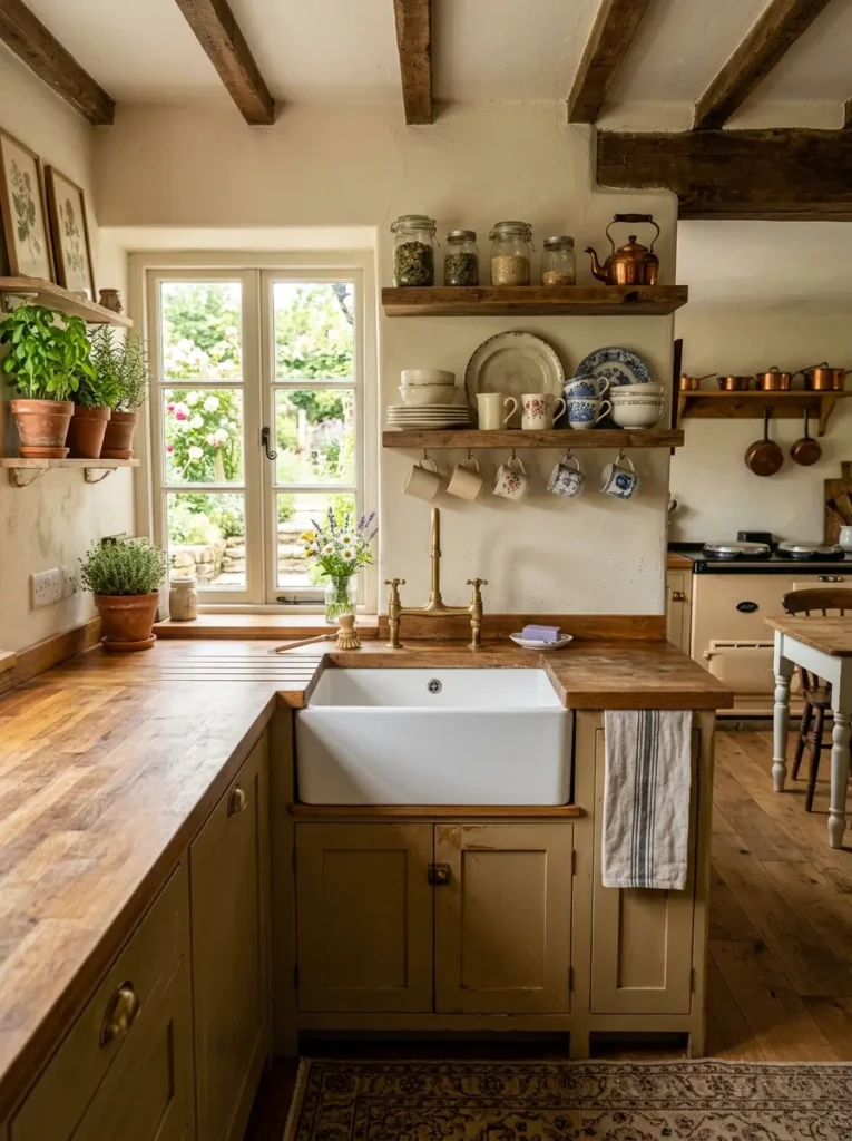 Rustic farmhouse kitchen with white apron-front sink, brass faucet, and warm wood countertops.