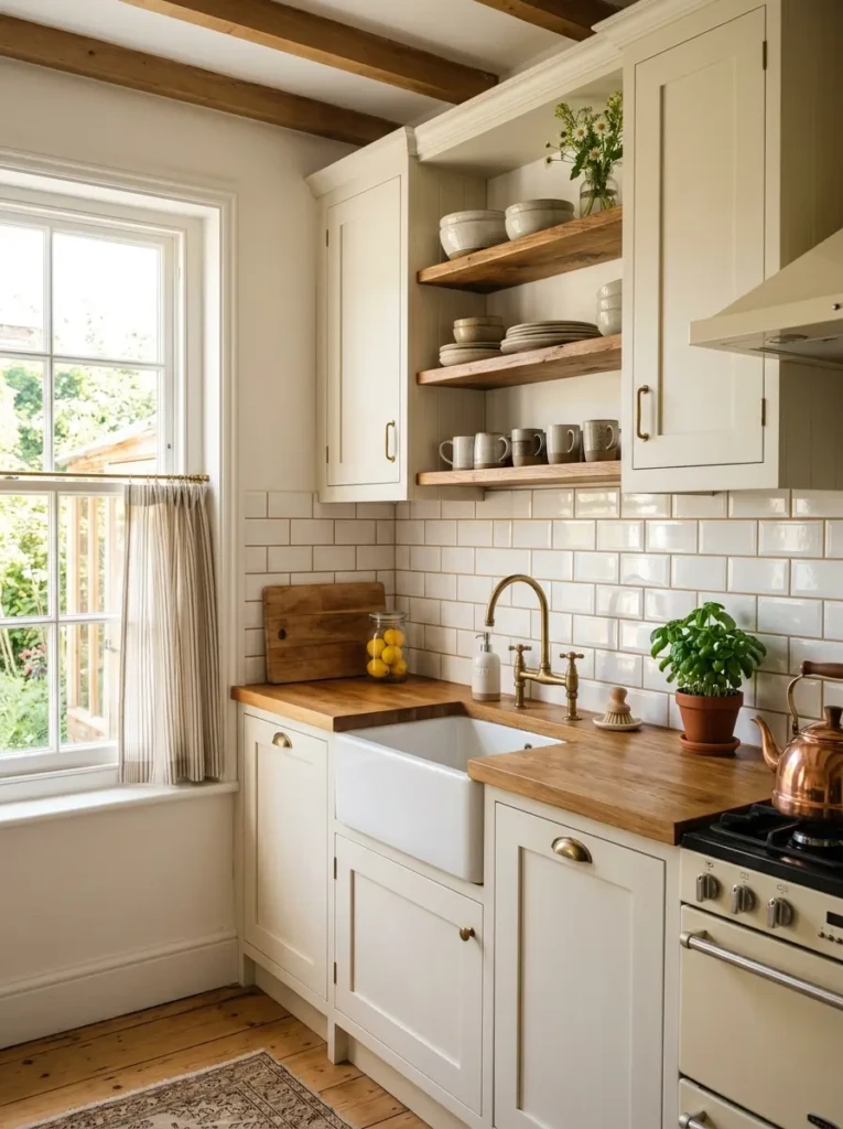 Small farmhouse kitchen with glossy white subway tile backsplash that makes the room feel larger.