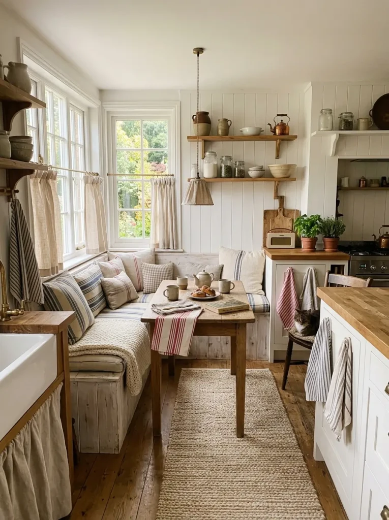Bright farmhouse kitchen decorated with striped tea towels, linen curtains, and a soft neutral rug.