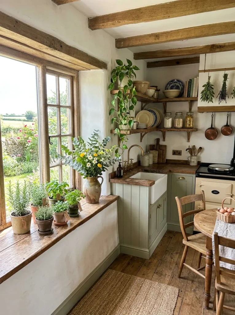 Small farmhouse kitchen with fresh herb pots, eucalyptus vase, and trailing greenery on shelves.