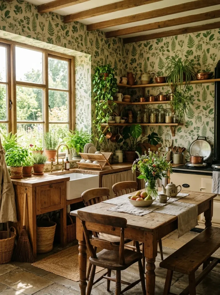 Farmhouse kitchen with green botanical wallpaper, wooden furniture, and fresh natural elements