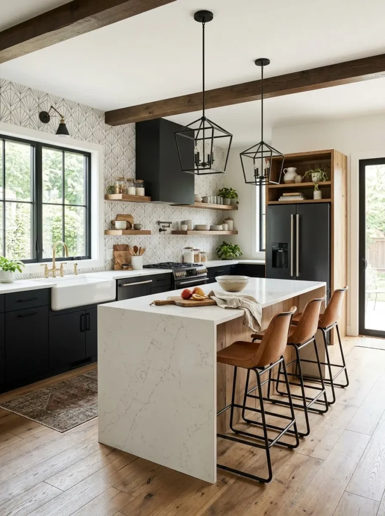 Modern farmhouse kitchen with geometric wallpaper blending sleek finishes and rustic wood elements