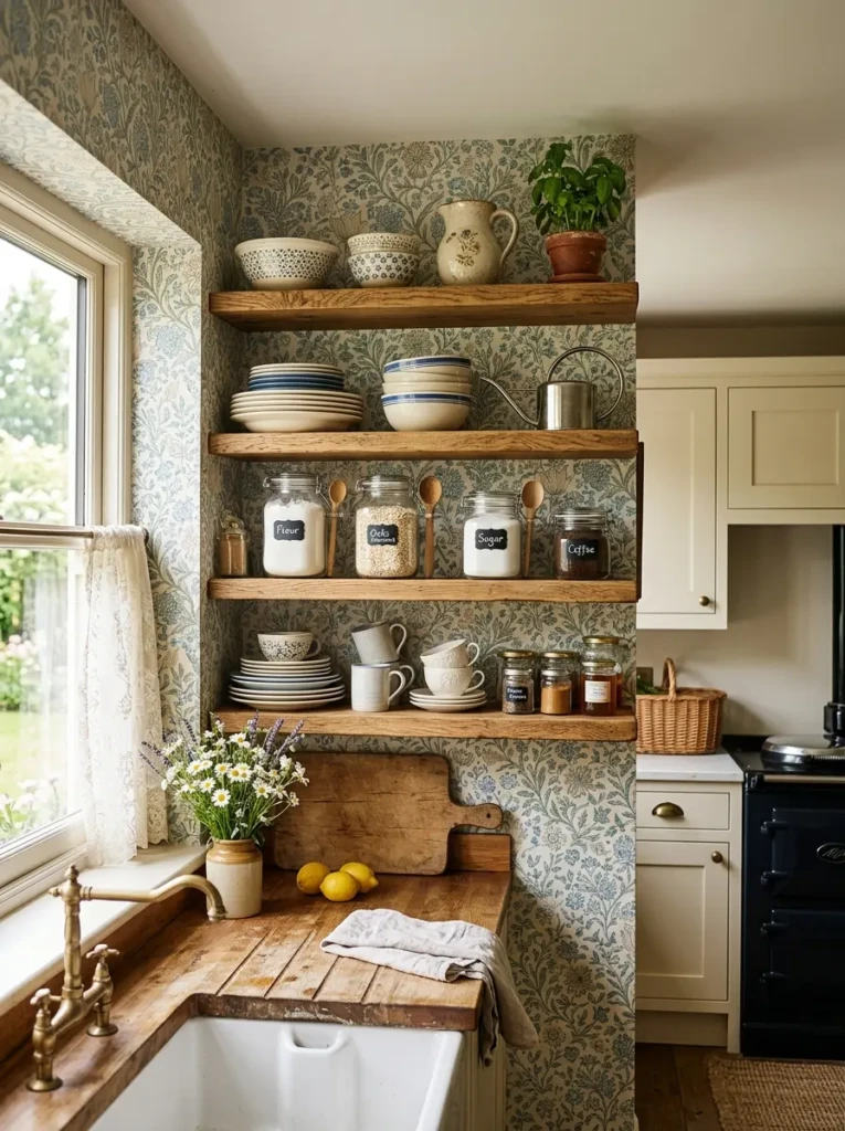 Farmhouse kitchen open shelves displayed against decorative wallpaper with neatly arranged dishes