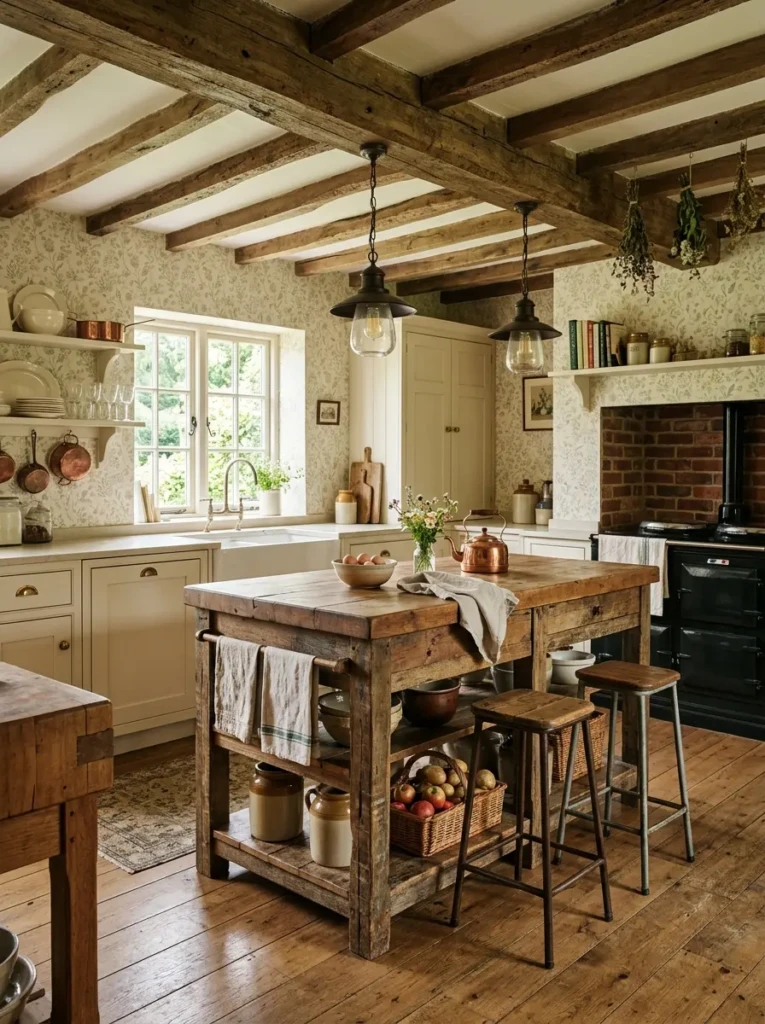 Rustic farmhouse kitchen island with wood elements combined with soft wallpaper background for a cozy look