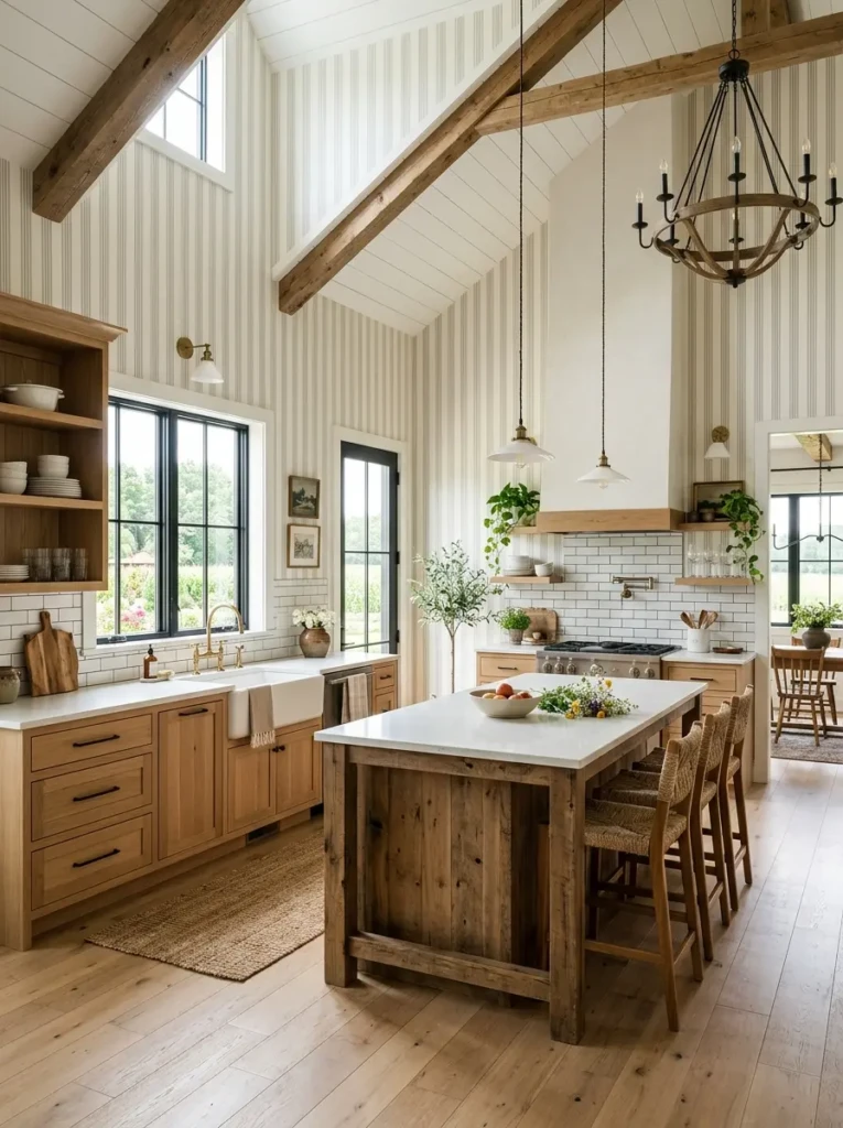 Farmhouse kitchen with vertical striped wallpaper creating a spacious and airy visual effect