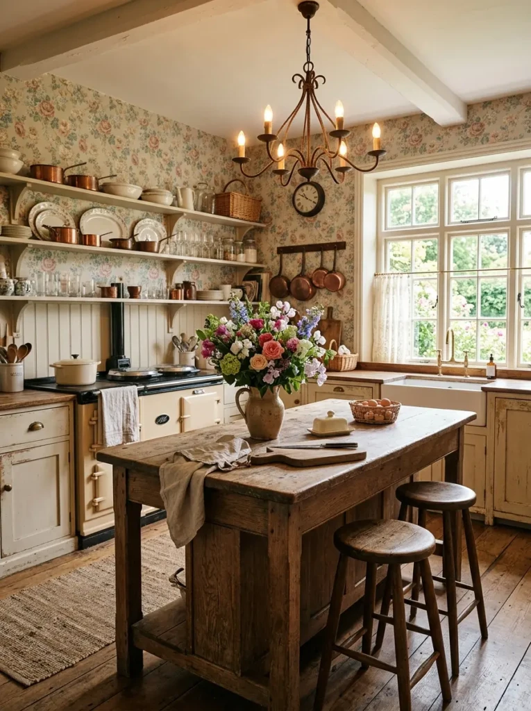 Rustic farmhouse kitchen island paired with soft floral wallpaper in pastel tones and natural wood finishes