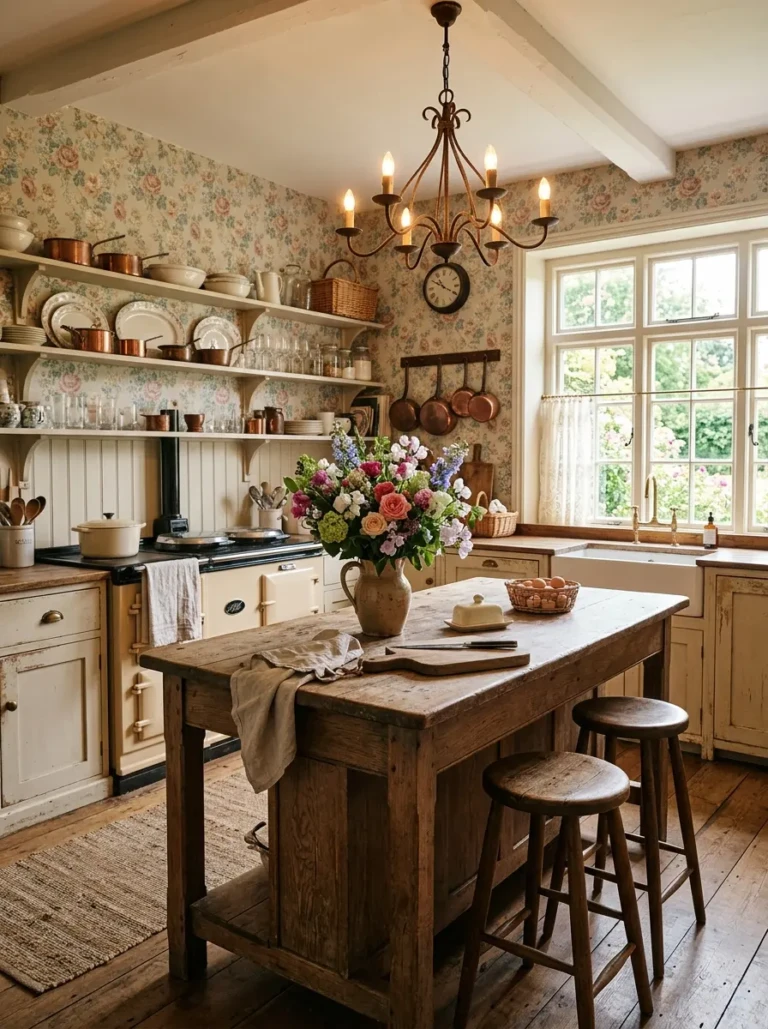 Rustic farmhouse kitchen island paired with soft floral wallpaper in pastel tones and natural wood finishes