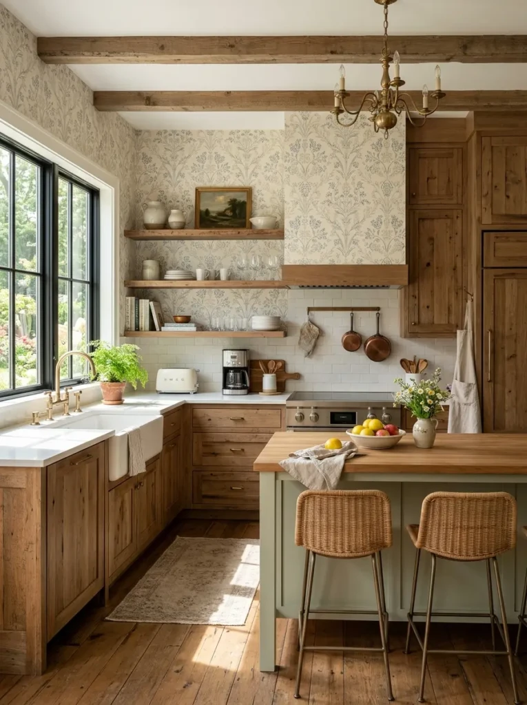 Farmhouse kitchen featuring decorative wallpaper accent wall blending rustic cabinets with modern design elements