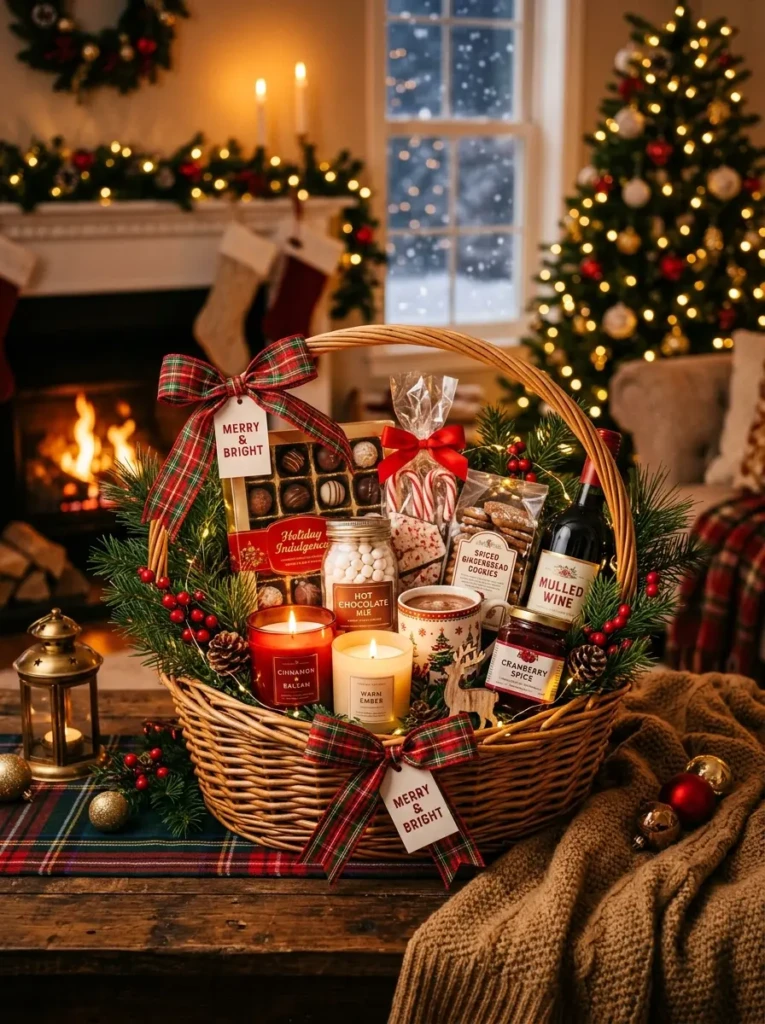 A holiday-themed basket with sweets, candles, and decorations surrounded by warm lights