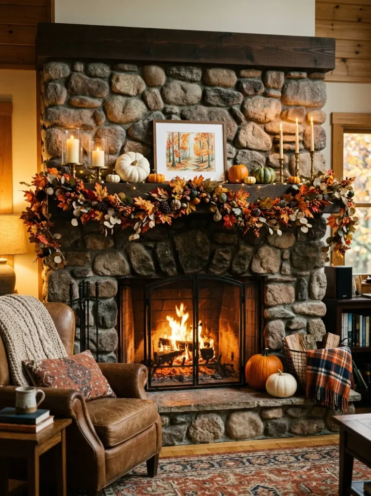 Rustic fireplace mantel decorated with garlands, candles, and pumpkins for a cozy autumn setting