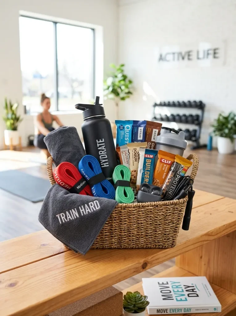 A wellness basket with protein bars, water bottle, and workout gear in a clean modern setup