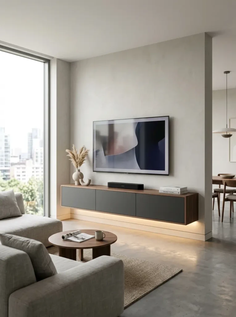 Contemporary floating media wall with wall-mounted cabinets and LED lighting underneath