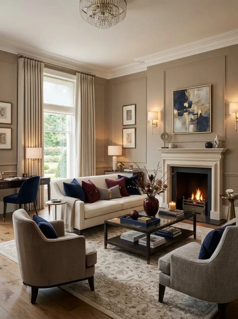 Formal living room in beige, ivory, taupe, and gray with rich accent decor.
