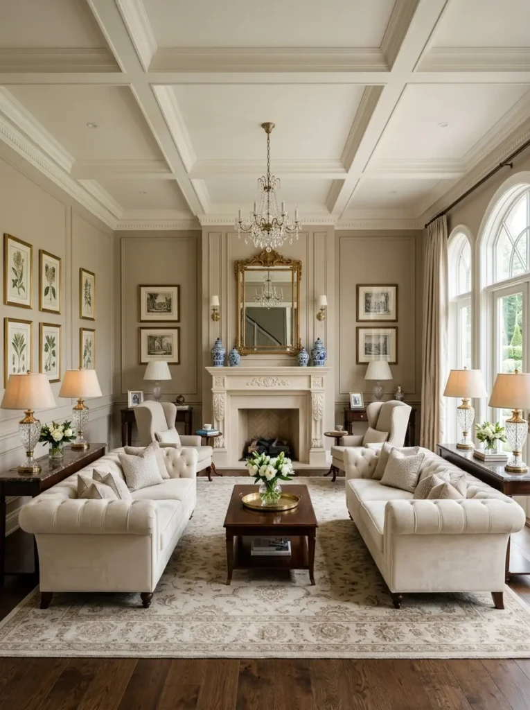 Formal living room with matching lamps, side tables, and balanced wall art.