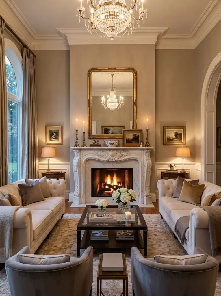 Formal living room with grand marble fireplace and elegant mantel decor.