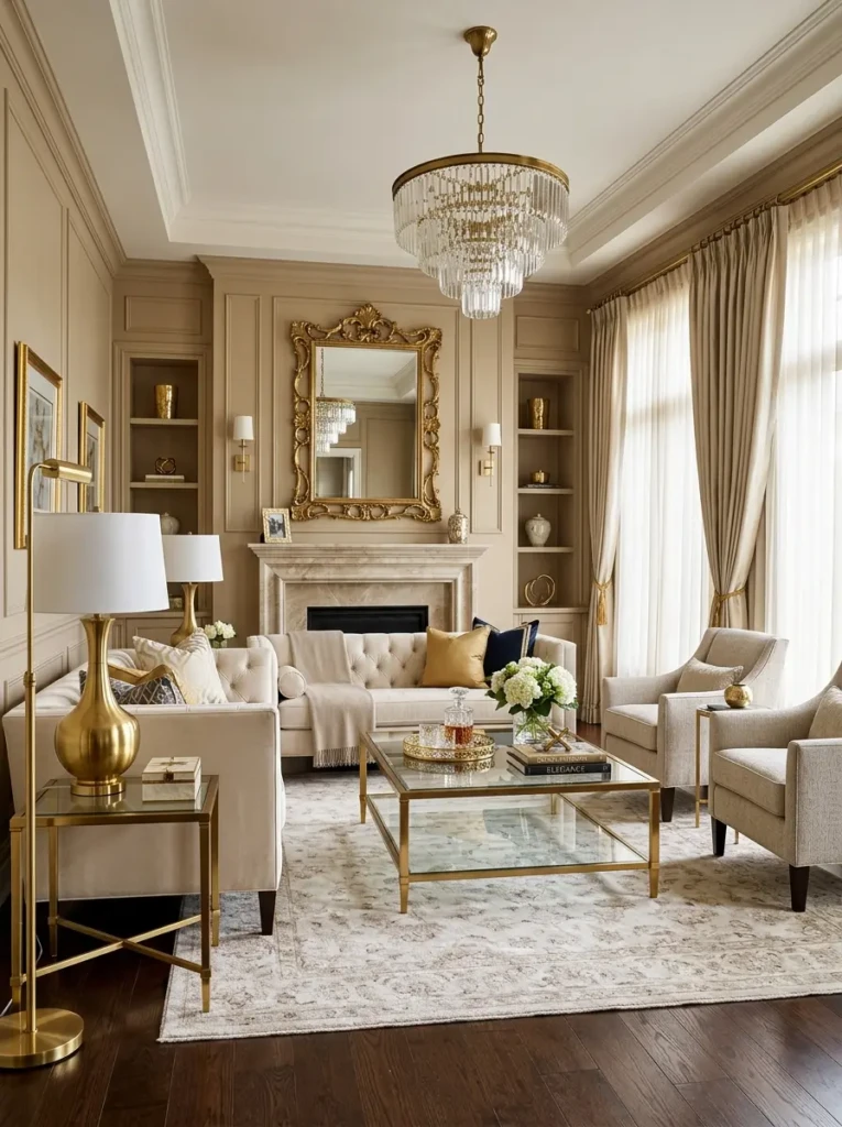Formal living room with brass decor accents, metallic mirror, and elegant lighting.