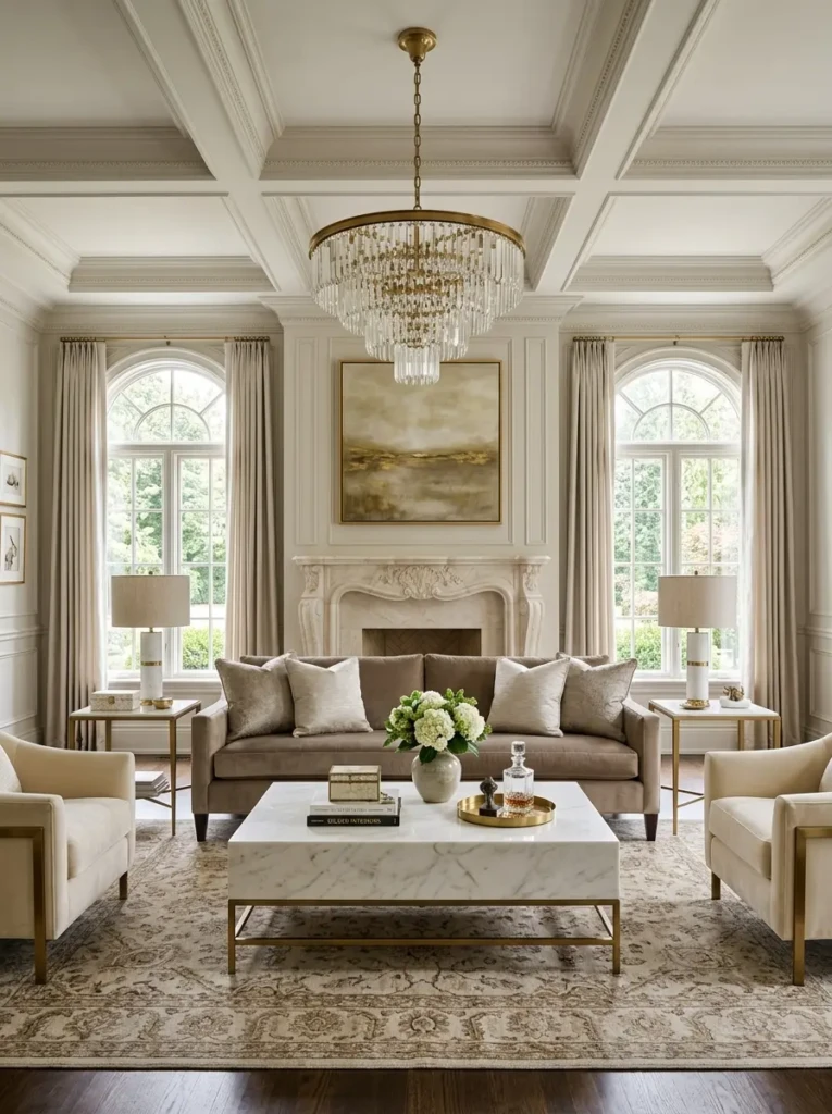 Perfectly styled formal living room with elegant furniture, chandelier, and neutral tones.