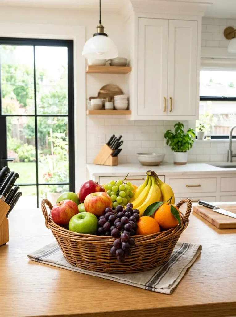 A colorful fruit basket with apples, oranges, grapes, and bananas placed in a bright kitchen setting