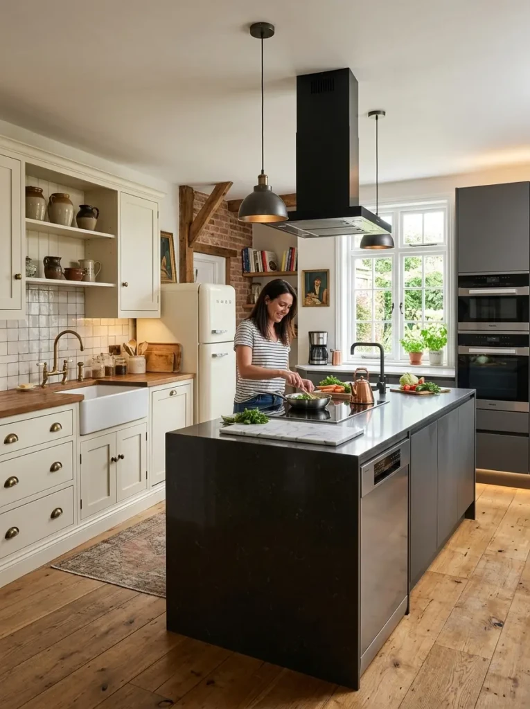 A stylish kitchen combining vintage elements with latest kitchen designs modern features.