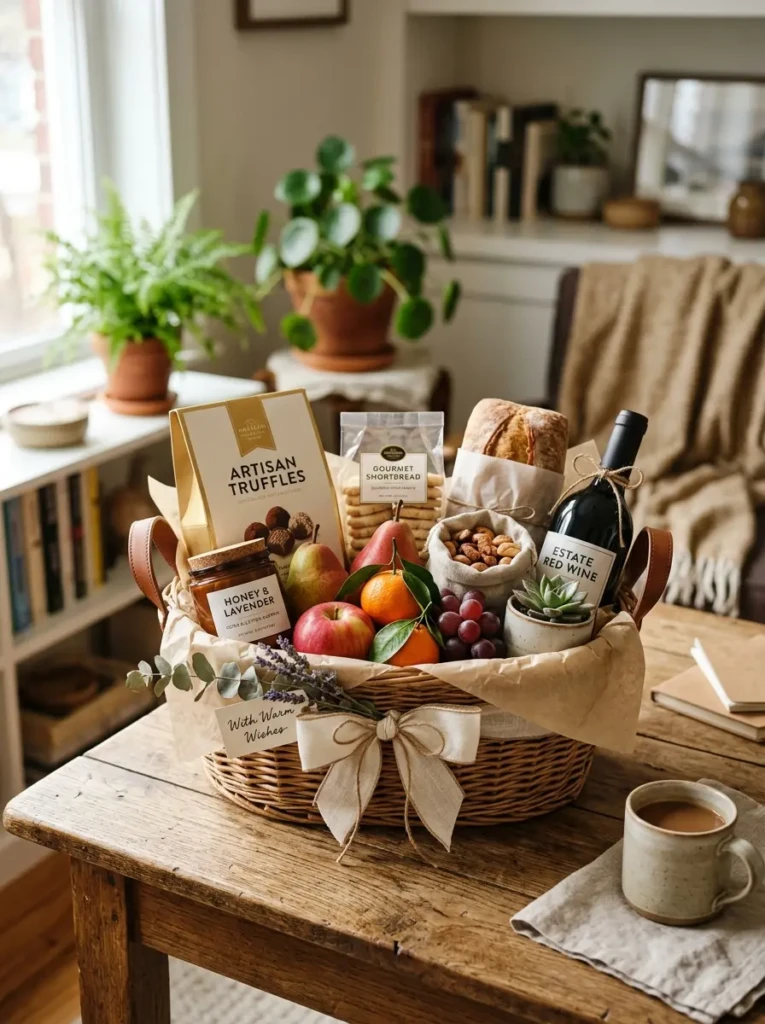 A decorative gift basket filled with chocolates, candles, and fruits arranged on a wooden table in a cozy setting
