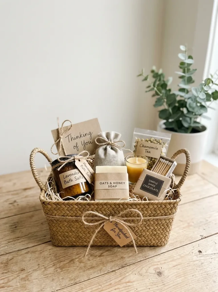 A simple and budget-friendly gift basket with neatly arranged small items on a clean background