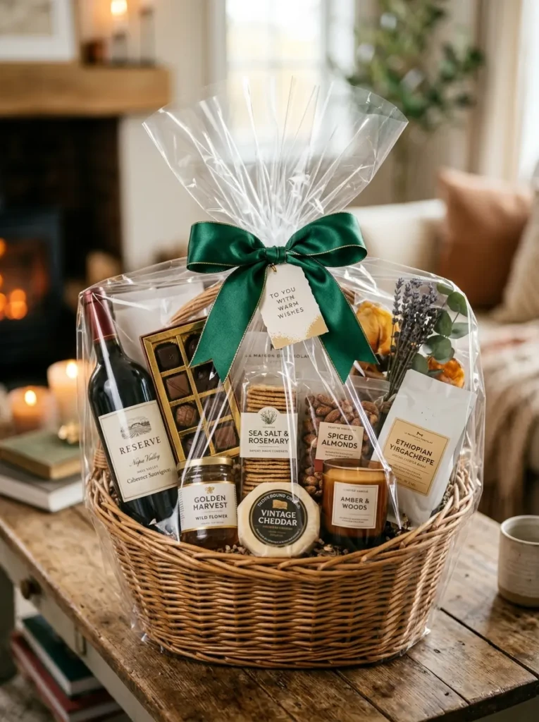 A stylish gift basket wrapped in clear cellophane with a ribbon showcasing multiple thoughtful items