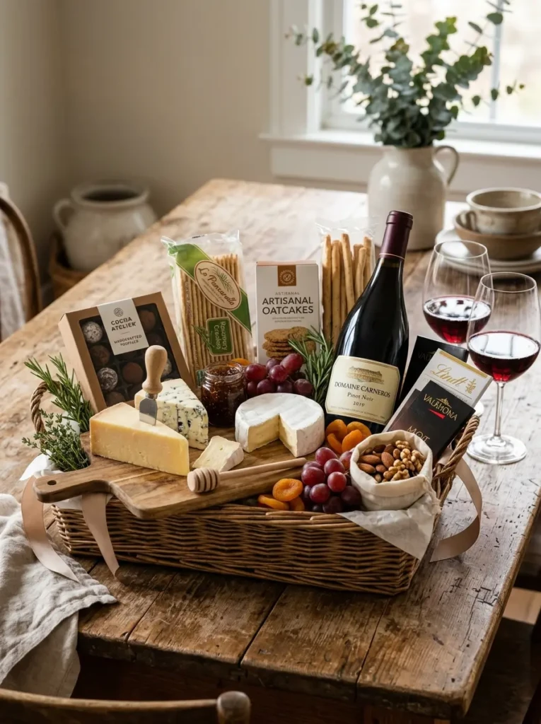 A gourmet basket filled with cheese, crackers, chocolates, and snacks on a rustic wooden surface