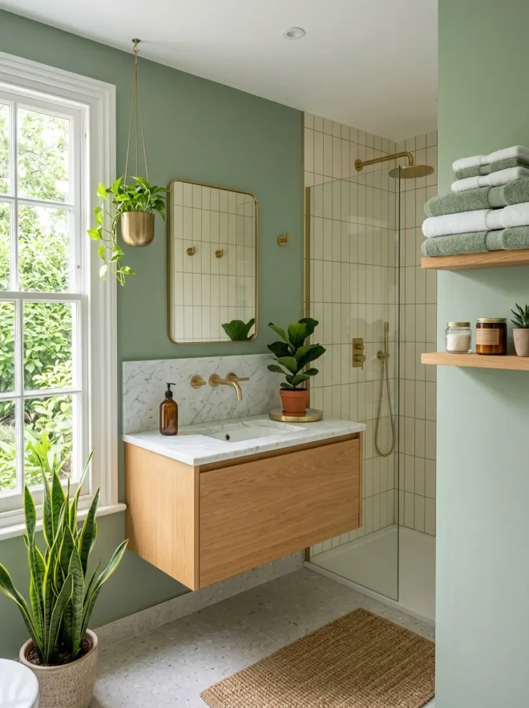 Modern green bathroom with sage walls, gold fixtures, and indoor plants creating a calming and stylish look