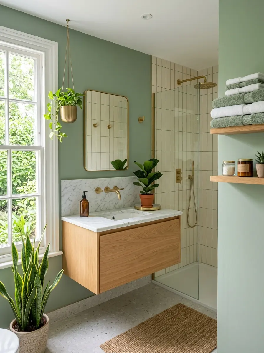 Modern green bathroom with sage walls, gold fixtures, and indoor plants creating a calming and stylish look
