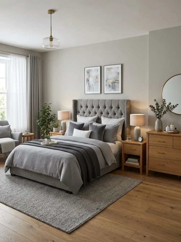 A grey bedroom featuring coordinated furniture including an upholstered bed and wooden nightstands