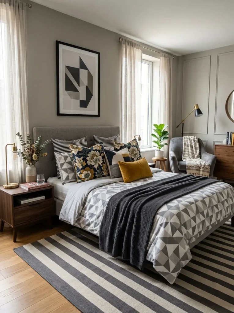 A grey bedroom featuring mixed patterns like geometric bedding and striped rugs in a cohesive style
