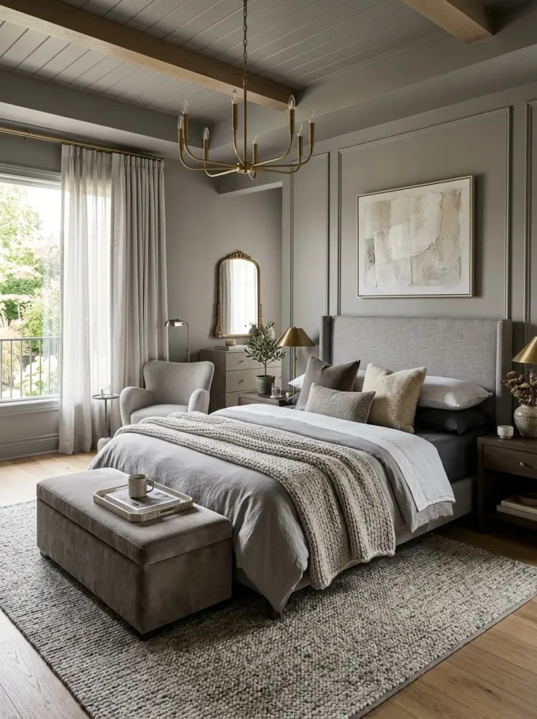 A perfectly styled grey bedroom combining modern elegance, cozy textures, and balanced lighting