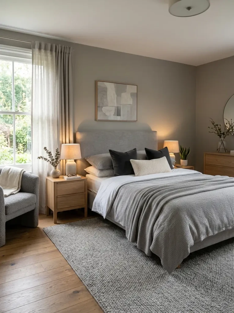 A cozy grey bedroom decor setup with layered textures and neutral tones creating a relaxing atmosphere