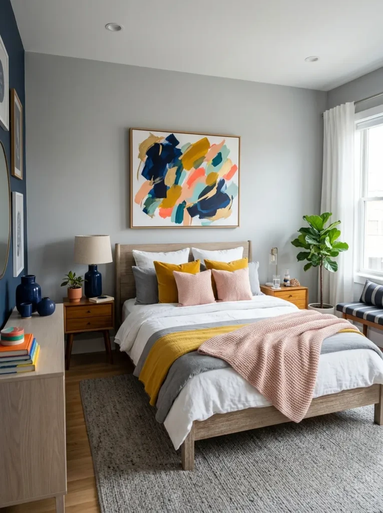 A stylish grey bedroom featuring colorful cushions and decor accents like mustard and blush tones