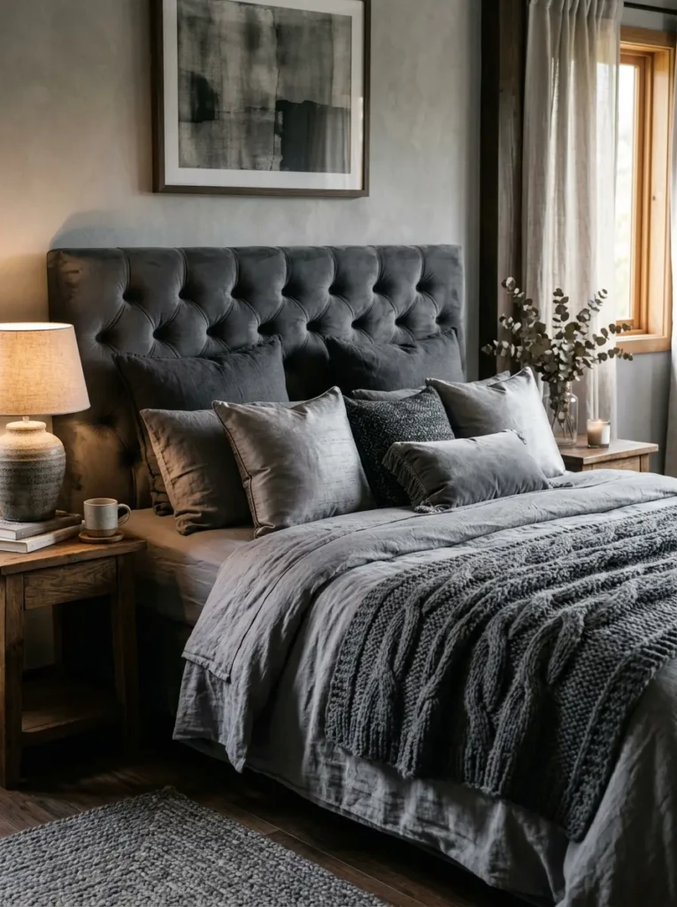A grey bedroom with layered textures including knitted blankets, velvet cushions, and a tufted headboard