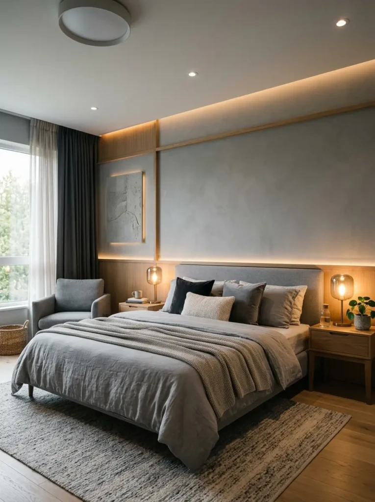 A grey bedroom with layered lighting including bedside lamps and warm ambient lighting