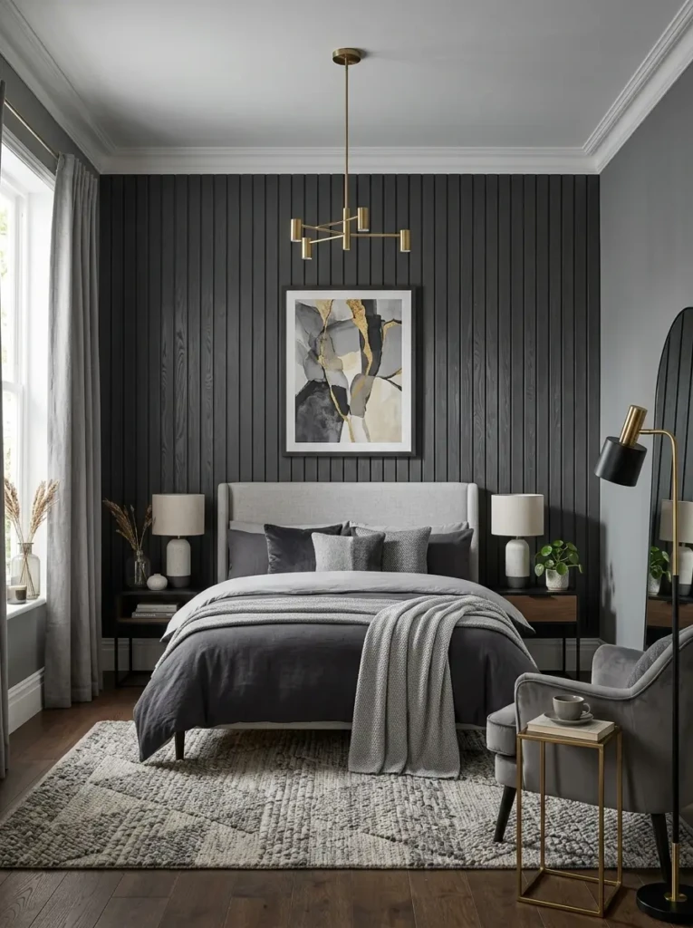 A stylish grey bedroom with a textured accent wall creating a bold focal point