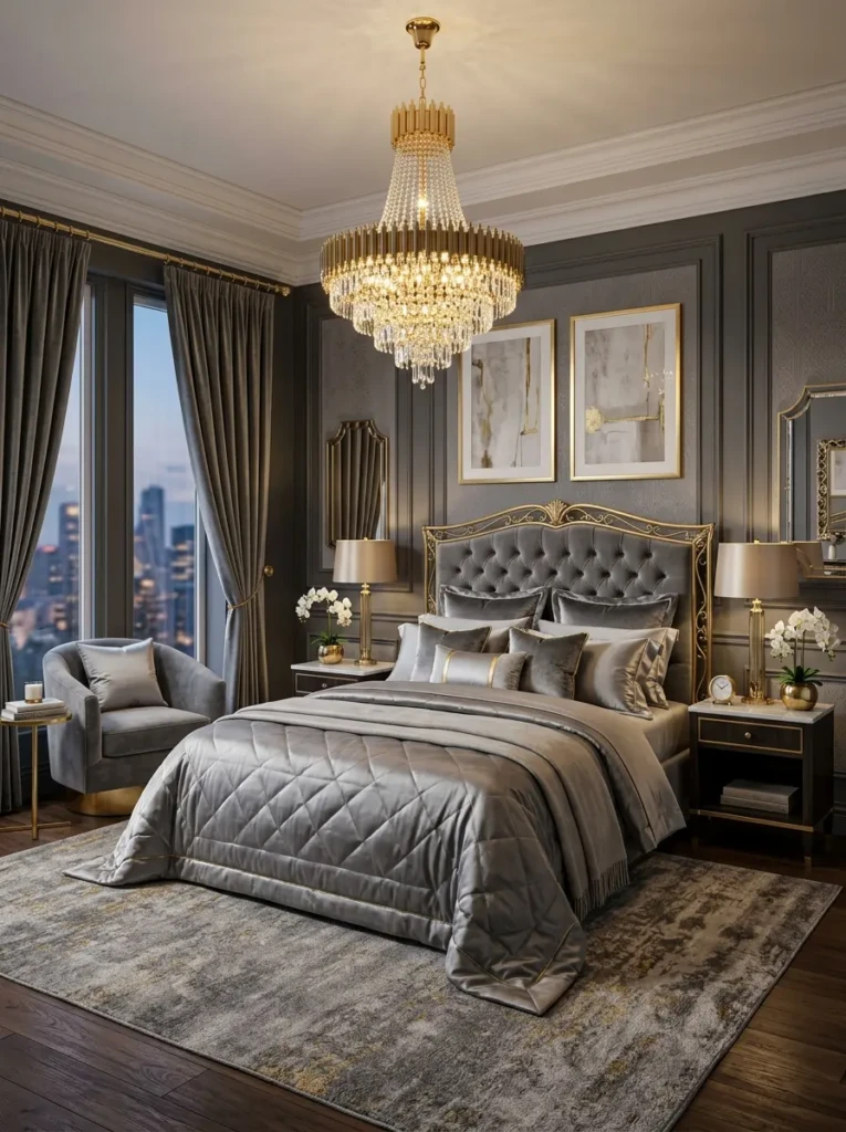 A luxury grey bedroom with velvet bedding, gold accents, and elegant lighting fixtures