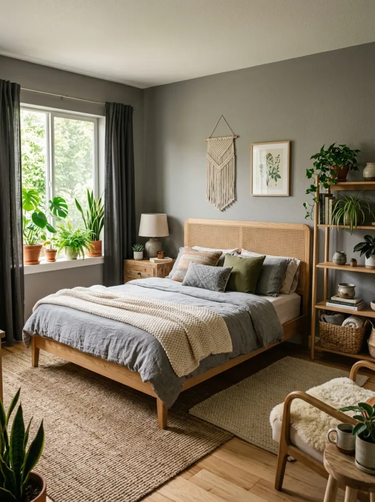 A grey bedroom with indoor plants, wooden furniture, and natural textures for a warm look