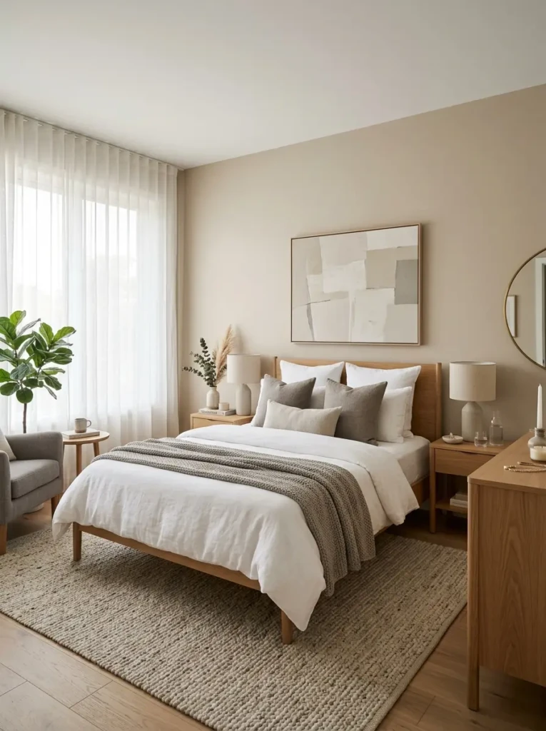 Modern guest bedroom with soft neutral walls, white bedding, beige accents, and cozy minimalist decor.