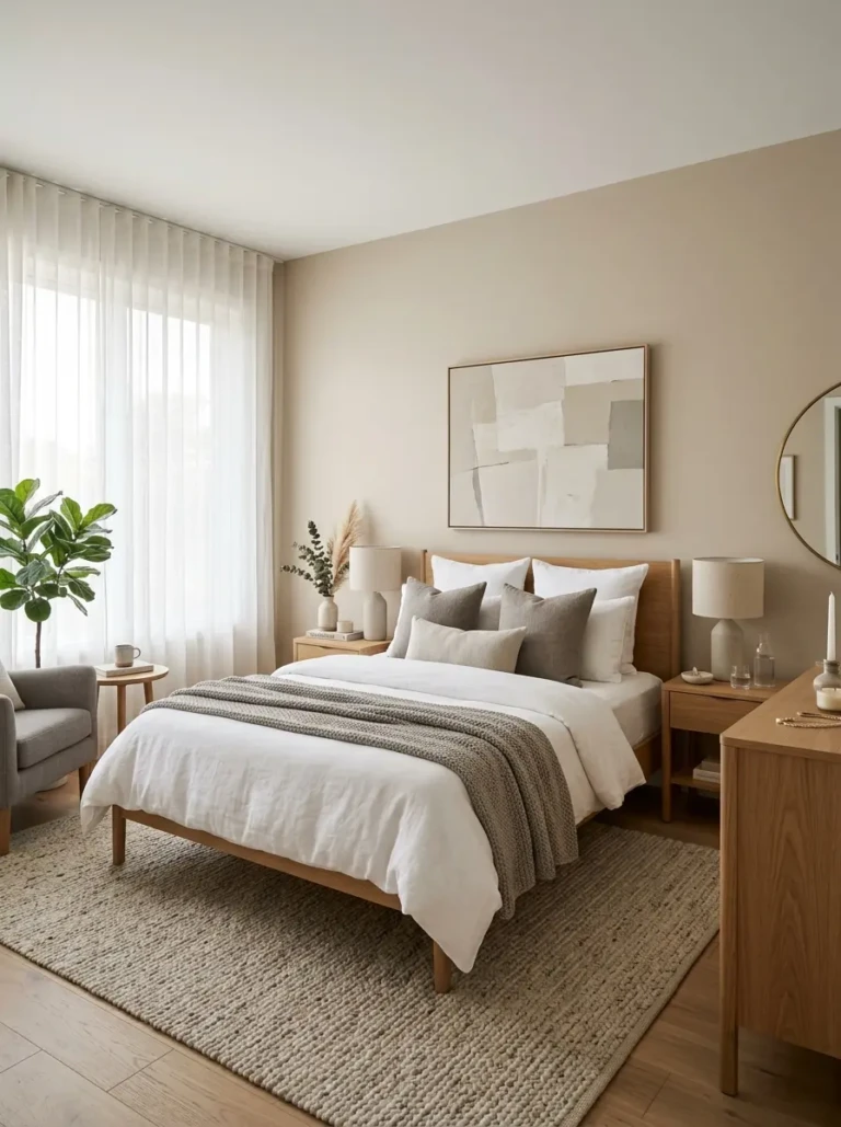 Modern guest bedroom with soft neutral walls, white bedding, beige accents, and cozy minimalist decor.