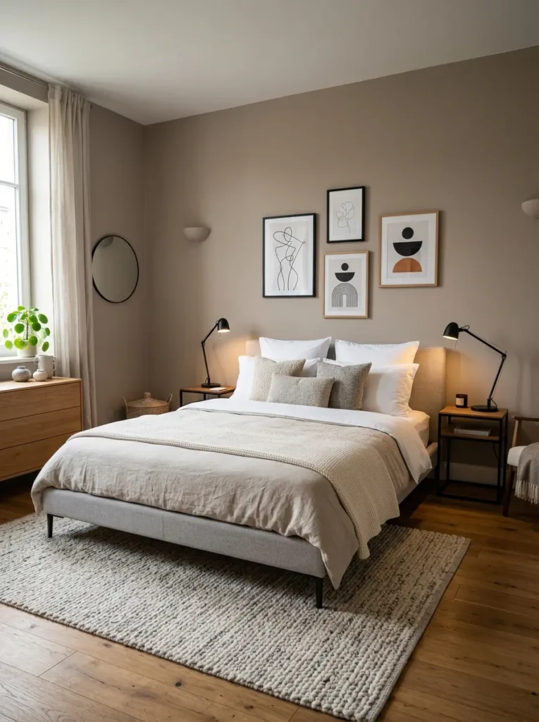 Modern guest bedroom featuring a low-profile upholstered bed frame with clean lines and neutral bedding.