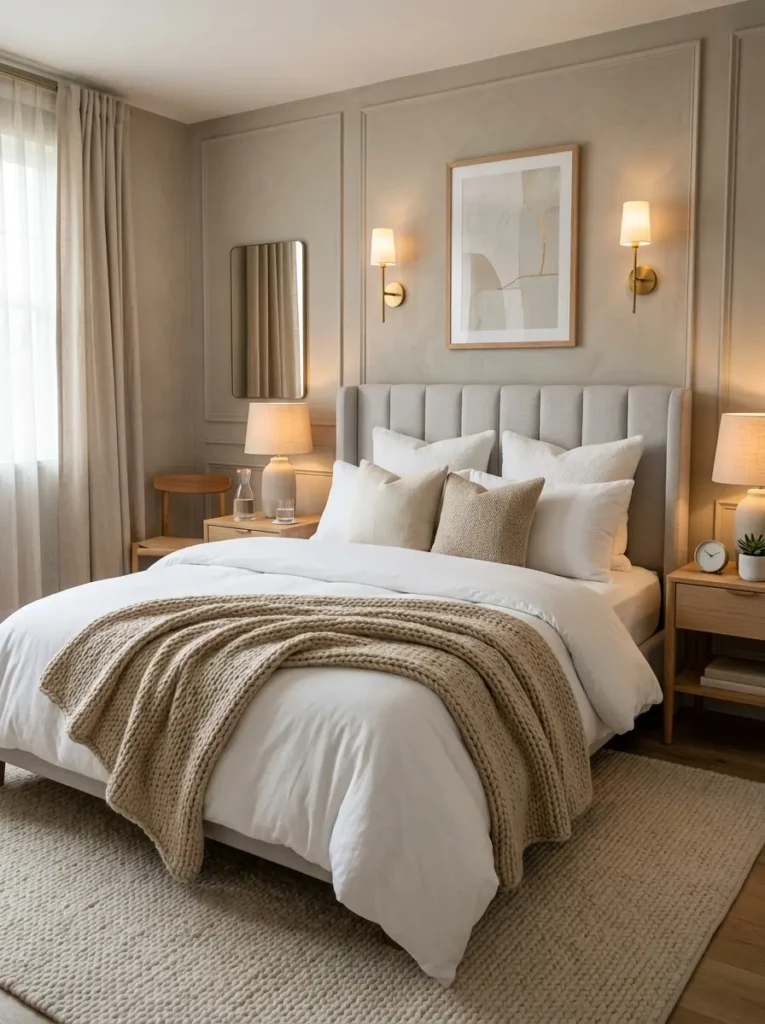 Elegant guest bedroom with hotel-style layered white bedding, plush pillows, and cozy beige throw blanket.