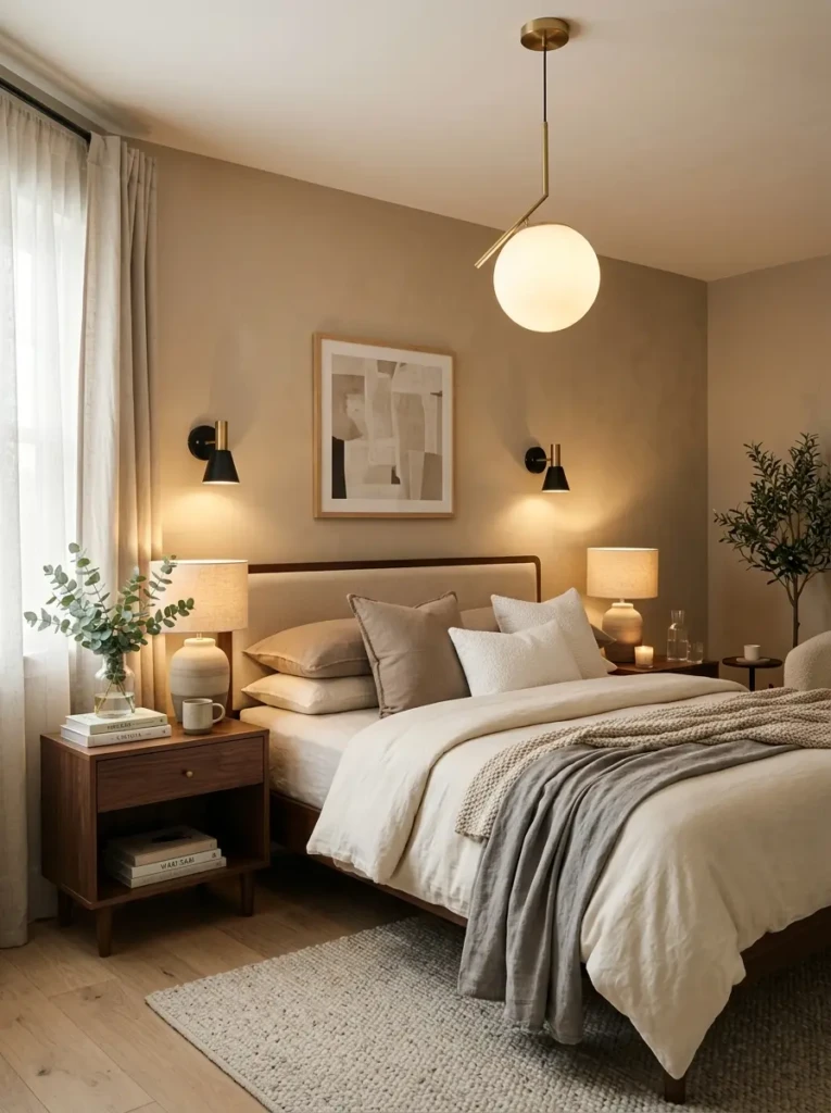 Stylish guest bedroom with layered warm lighting, bedside lamps, wall sconces, and cozy modern decor.
