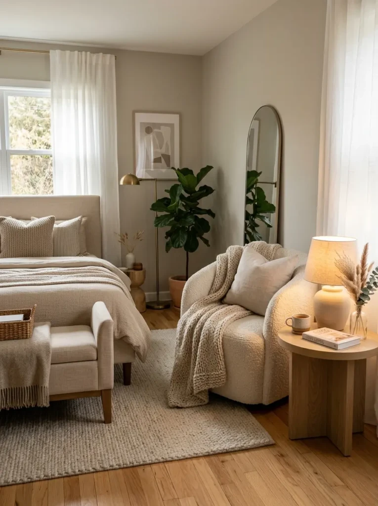 Modern guest bedroom with a boucle accent chair, small side table, and warm inviting seating corner.