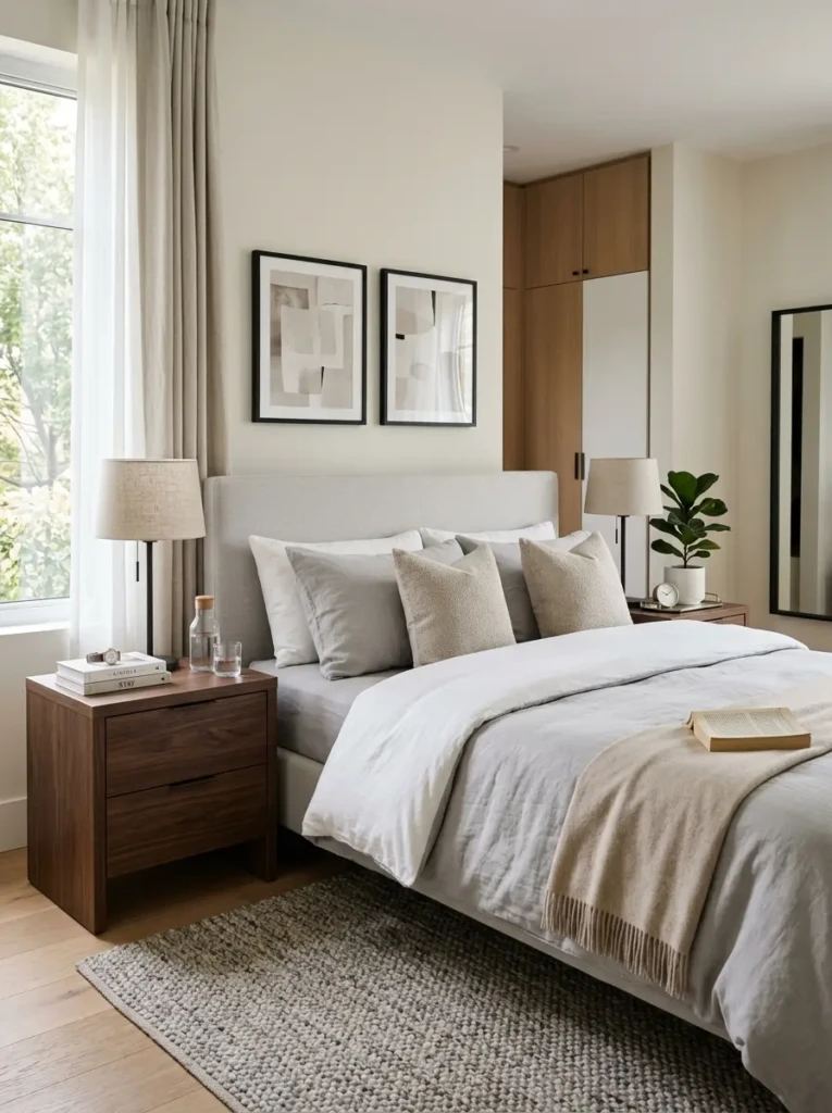 Modern guest bedroom with sleek nightstands, drawer storage, minimalist lamps, and neutral bedding.