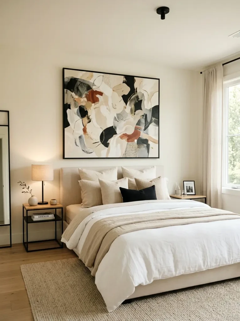 Guest bedroom decorated with oversized abstract wall art, neutral bedding, and elegant minimalist styling.