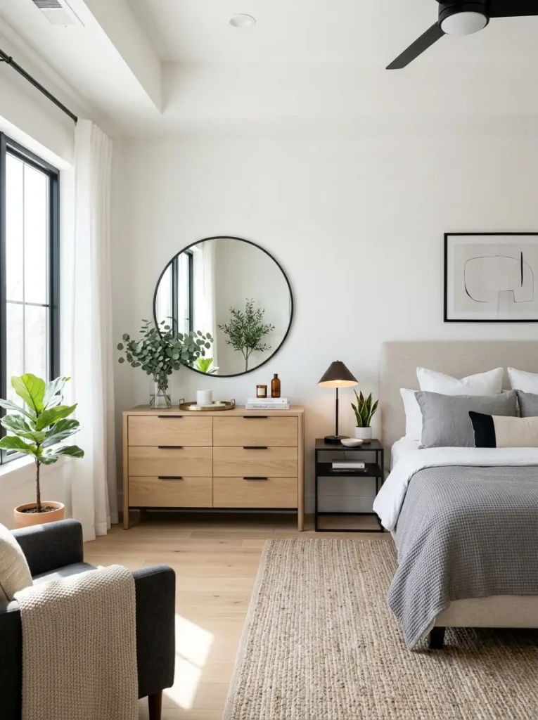 Bright modern guest bedroom with large round mirror, natural sunlight, and spacious neutral decor.